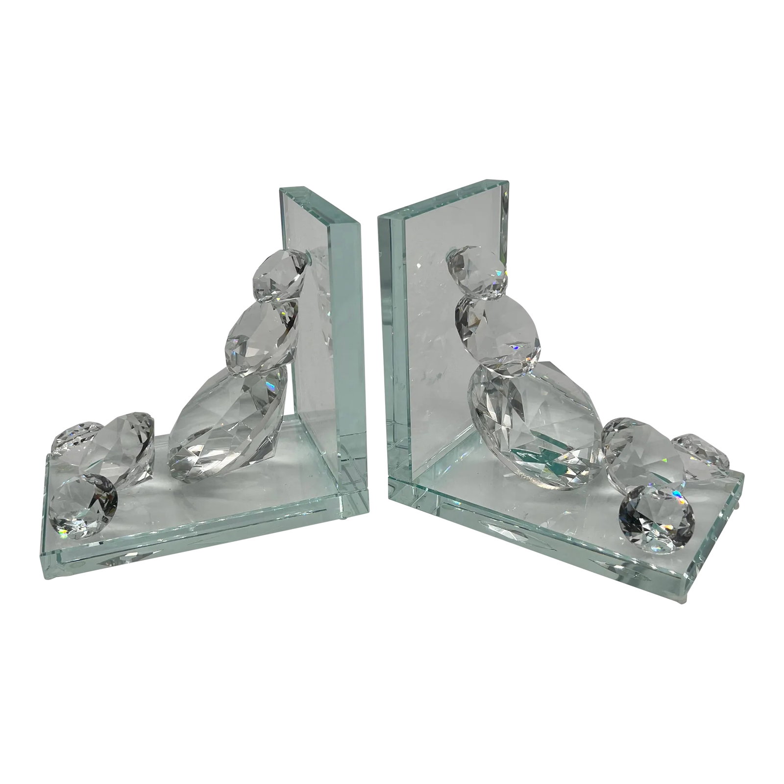 Crystal Bookends Very Sparkly: Very sparkly bookends with 6 diamond shaped crystals on each bookend. These are very heavy duty and weigh 3.5 lbs each. There is one chip on each bookend on the L shaped base but can easily be