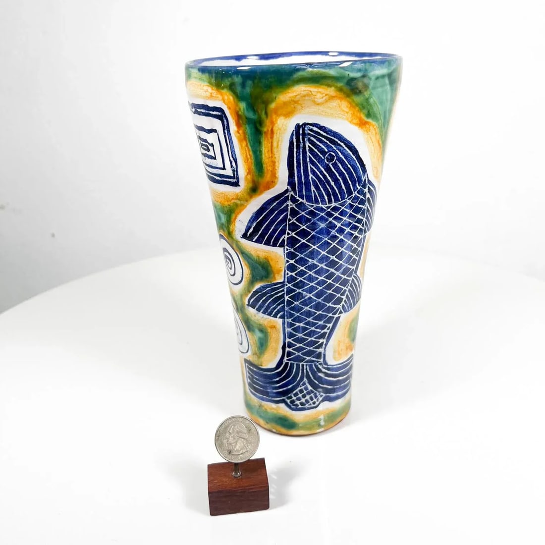 1997 Modern Blue and Green Fish Pottery Ceramic Vase - 2
