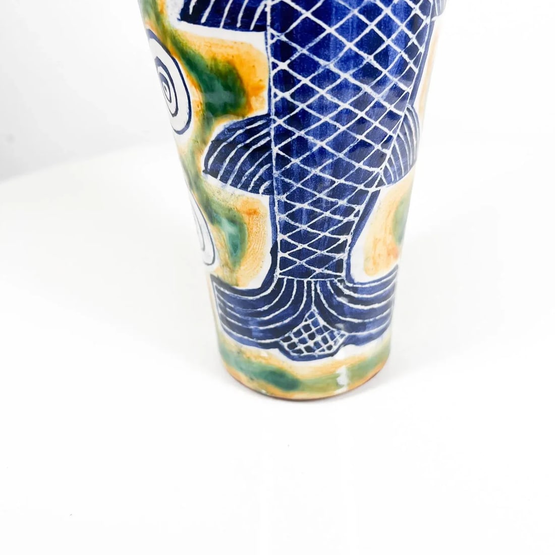 1997 Modern Blue and Green Fish Pottery Ceramic Vase - 3