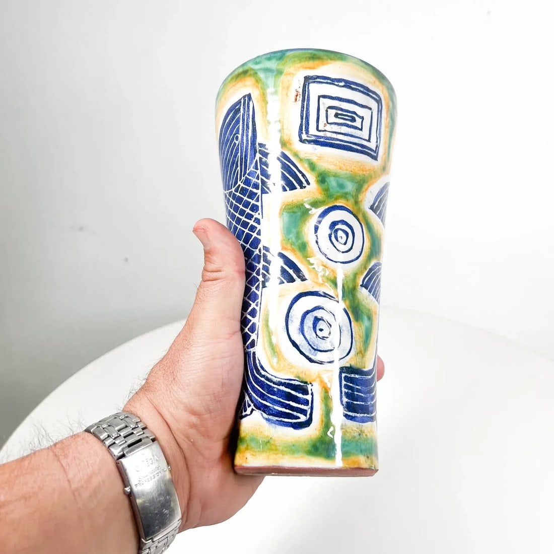 1997 Modern Blue and Green Fish Pottery Ceramic Vase - 4