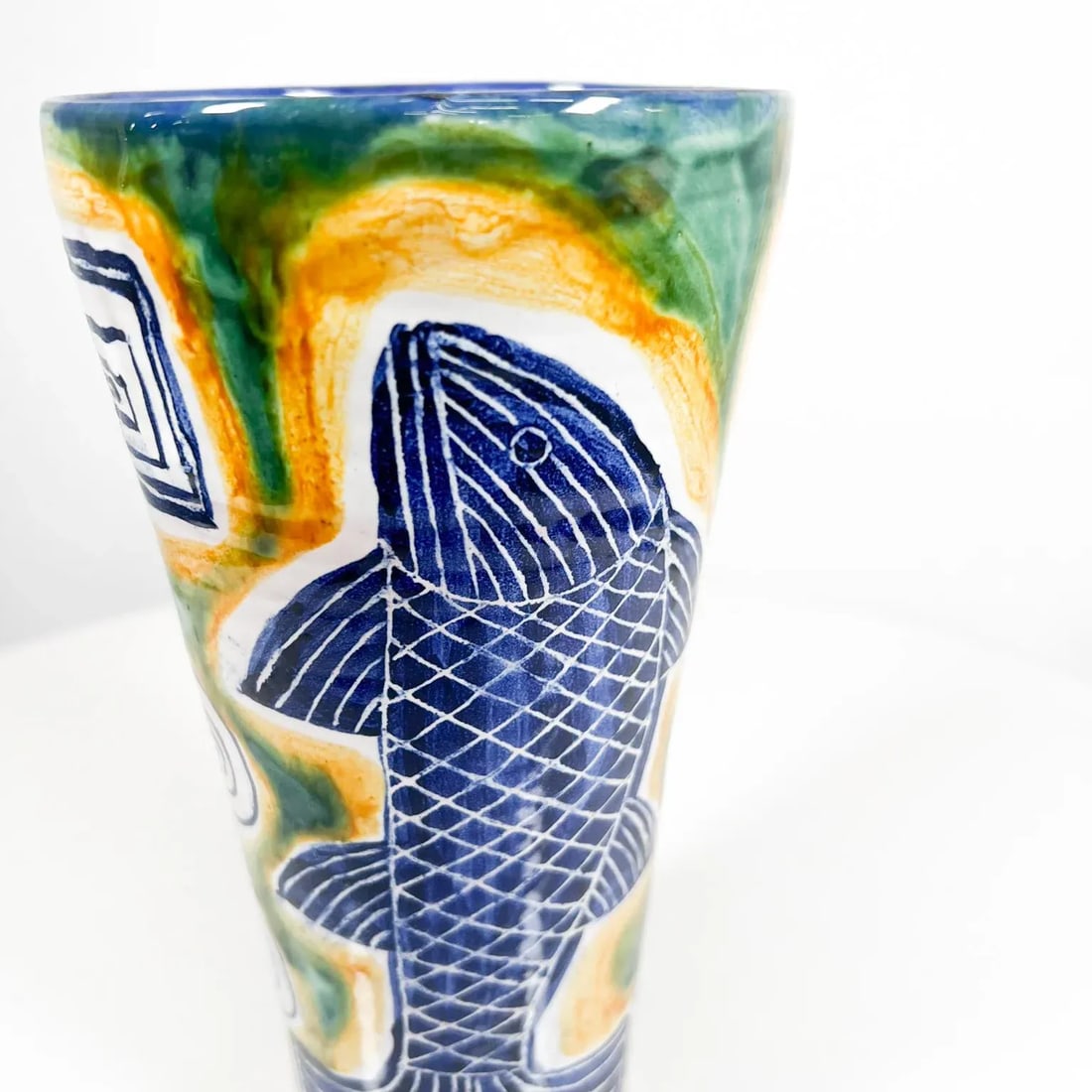 1997 Modern Blue and Green Fish Pottery Ceramic Vase - 6