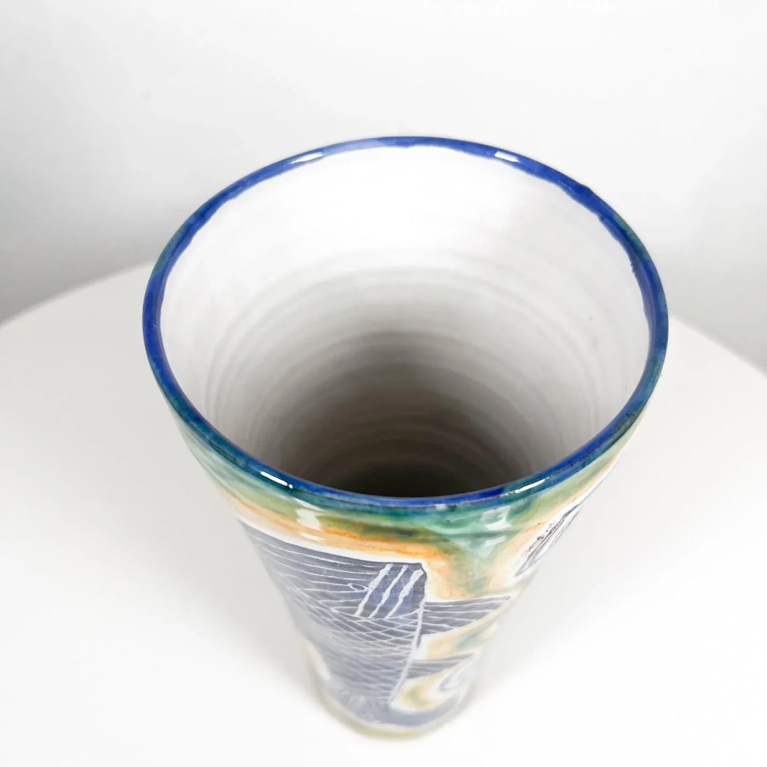 1997 Modern Blue and Green Fish Pottery Ceramic Vase - 7