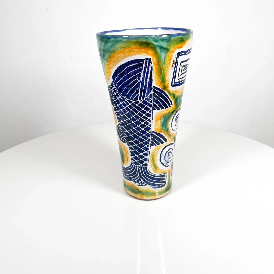 1997 Modern Blue and Green Fish Pottery Ceramic Vase - 9