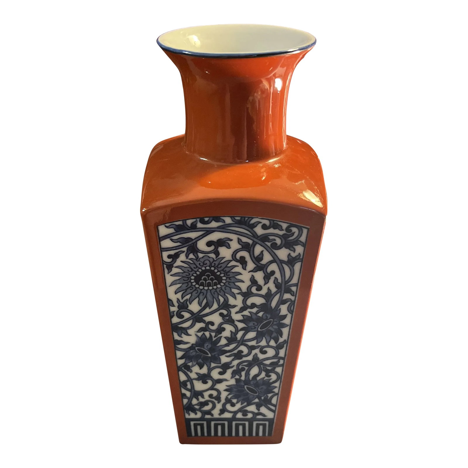 Vintage Fitz and Floyd Japan Asian Inspired Vase: Sleek design by Fitz & Floyd having a glossy brick red color with crisp blue and white floral type design set off by a blue rim. Condition: Alterations: Original Condition Unaltered Imperfections: