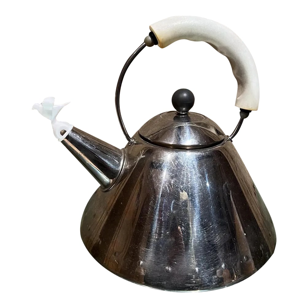 1980s Vintage Alessi Tea Kettle Stainless White Italy: AMBIANIC presents 1980s Alessi 9093 Modernist Kettle Stainless Steel White maker stamped 9.5 h x 8.75 diameter x 9.75 d Not new, preowned unrestored vintage condition. Comes with new bird whistle.