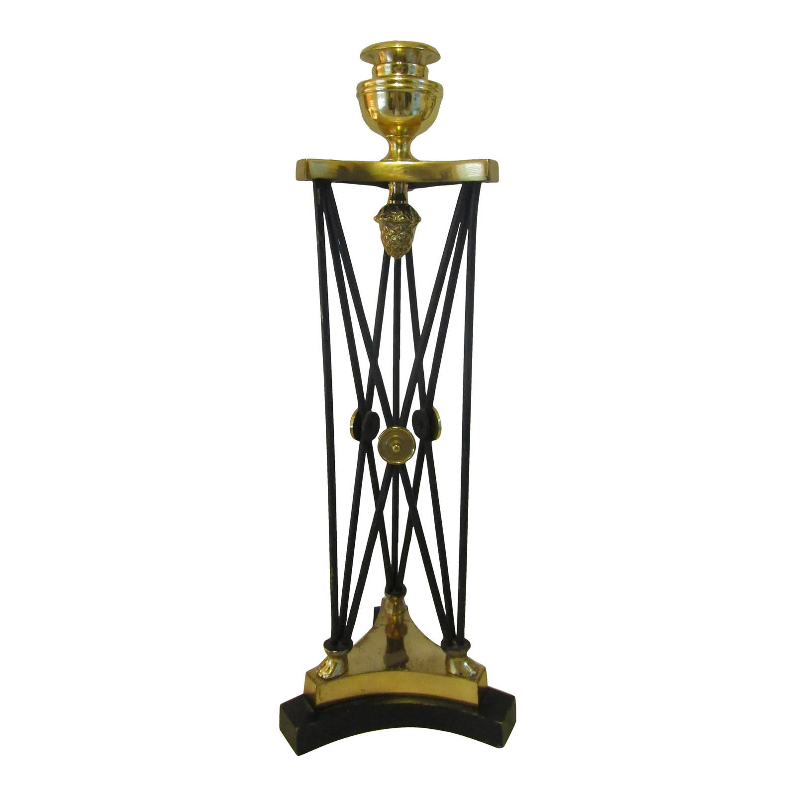 1940s Empire Style Candlestick With Hoof Feet and Acorn Adornment: Empire Style Candlestick with Hoof Feet and Acorn Adornment Measures 6 1/2" wide and 18" tall. Brass and iron. Condition: Alterations: Original Condition Unaltered Imperfections: Some Imperfections
