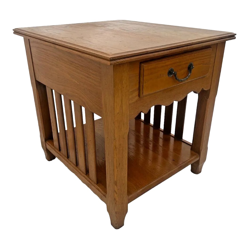 1990s Ethan Allen Side Table Nightstand Oak Drawer Shelf American Artisan #19-8603: Gorgeous Vintage Ethan Allen American Artisan Side Table Nightstand, Mission Arts and Crafts style, Dovetail Drawer, Large Bottom Shelf, Solid Oak. 26" Tall X 27" Deep X 24" Wide. Very Good