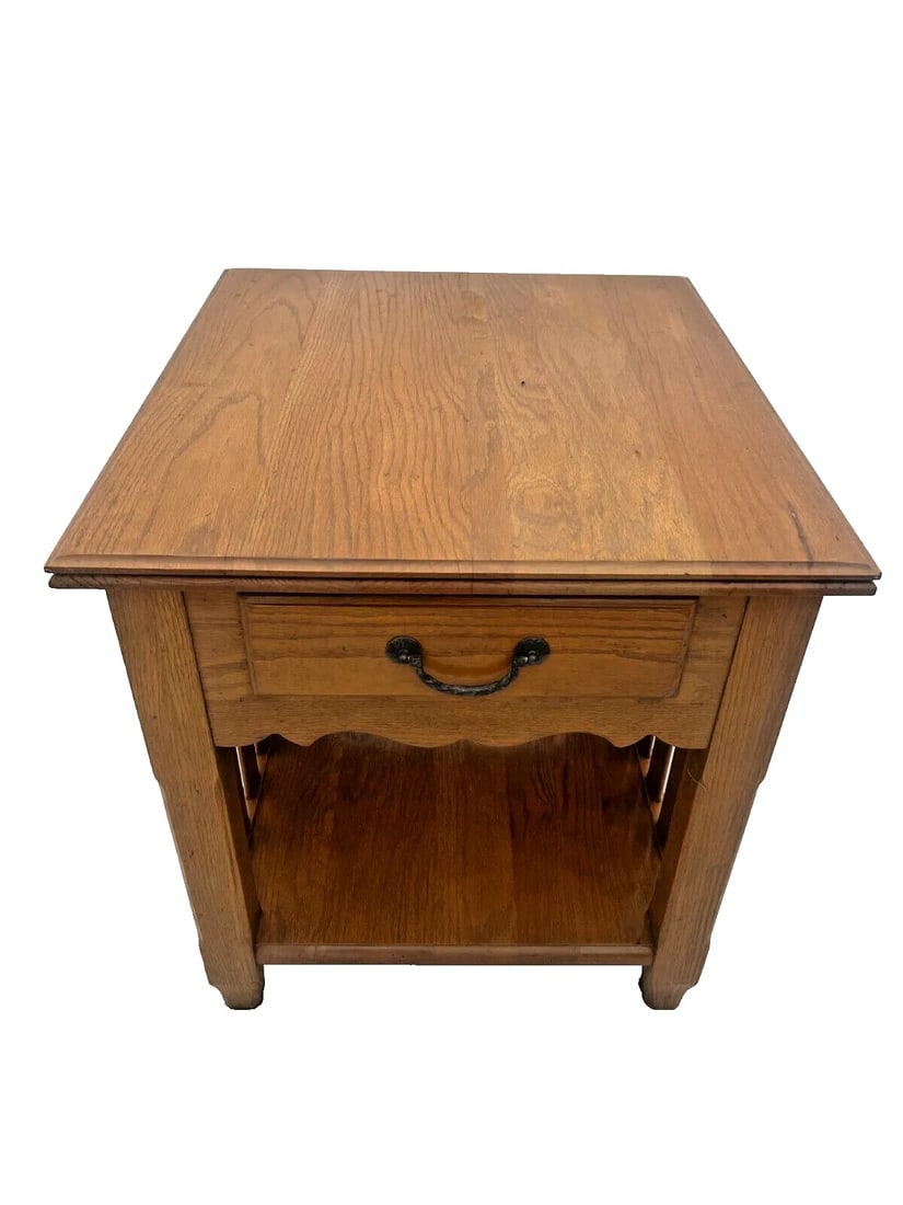 1990s Ethan Allen Side Table Nightstand Oak Drawer Shelf American Artisan #19-8603 - 2