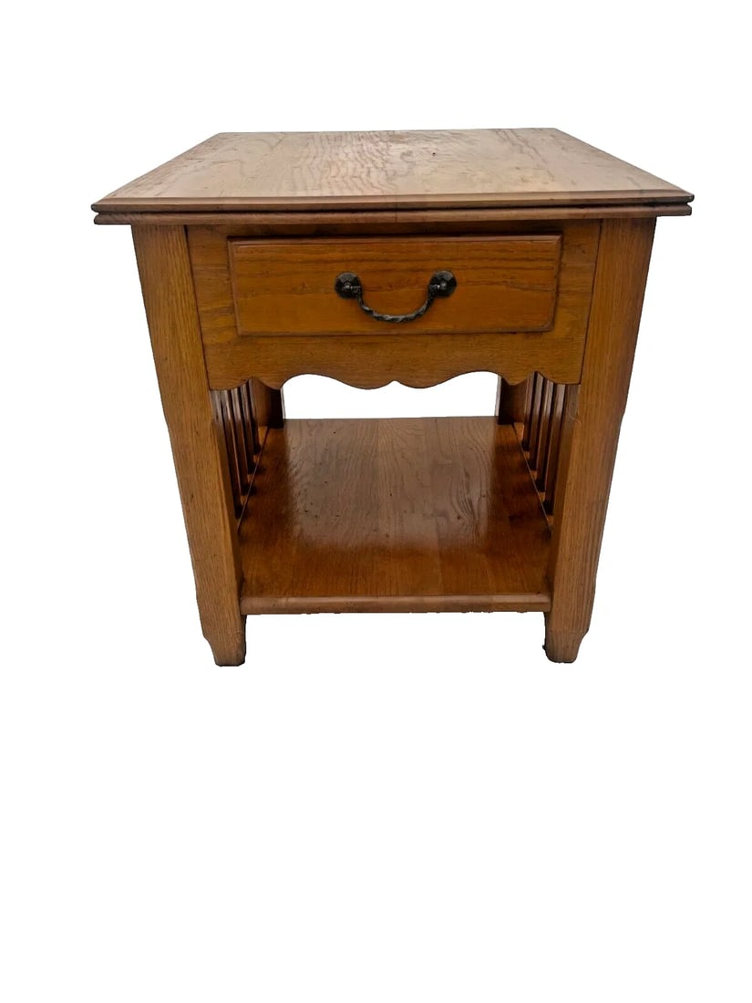 1990s Ethan Allen Side Table Nightstand Oak Drawer Shelf American Artisan #19-8603 - 3