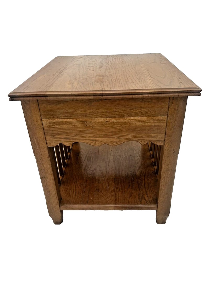 1990s Ethan Allen Side Table Nightstand Oak Drawer Shelf American Artisan #19-8603 - 5
