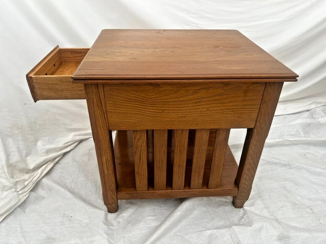 1990s Ethan Allen Side Table Nightstand Oak Drawer Shelf American Artisan #19-8603 - 6