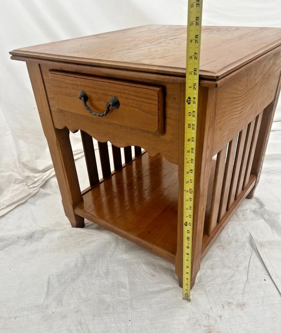 1990s Ethan Allen Side Table Nightstand Oak Drawer Shelf American Artisan #19-8603 - 7