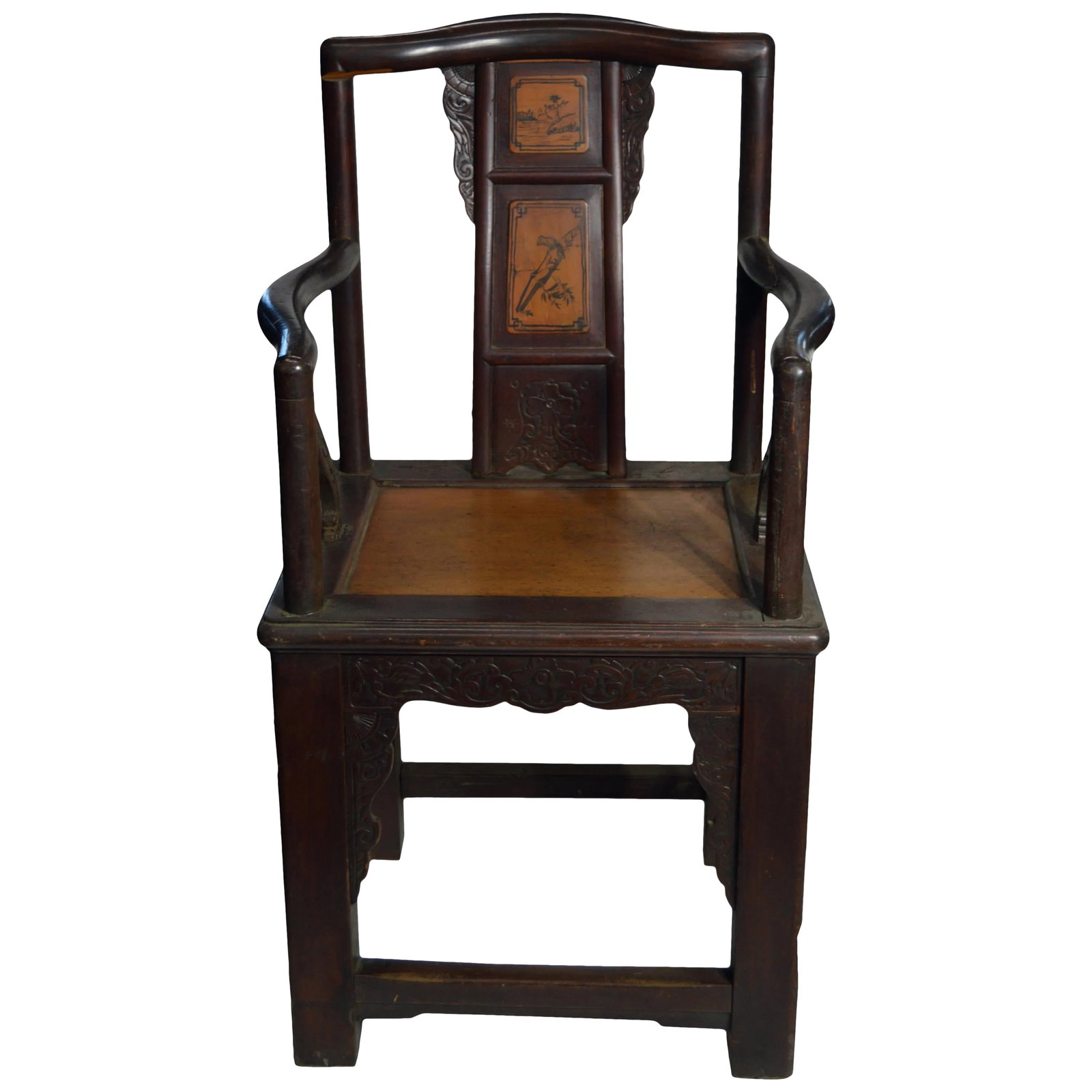 Chinese Hand-Carved Yumu Wood Armchair With Painted Scenes: A Chinese hand-carved yumu wood accent yoke back chair with rattan seat, painted scenes and dark brown lacquered finish. This Chinese chair features a rectangular back topped with a slightly arched ra