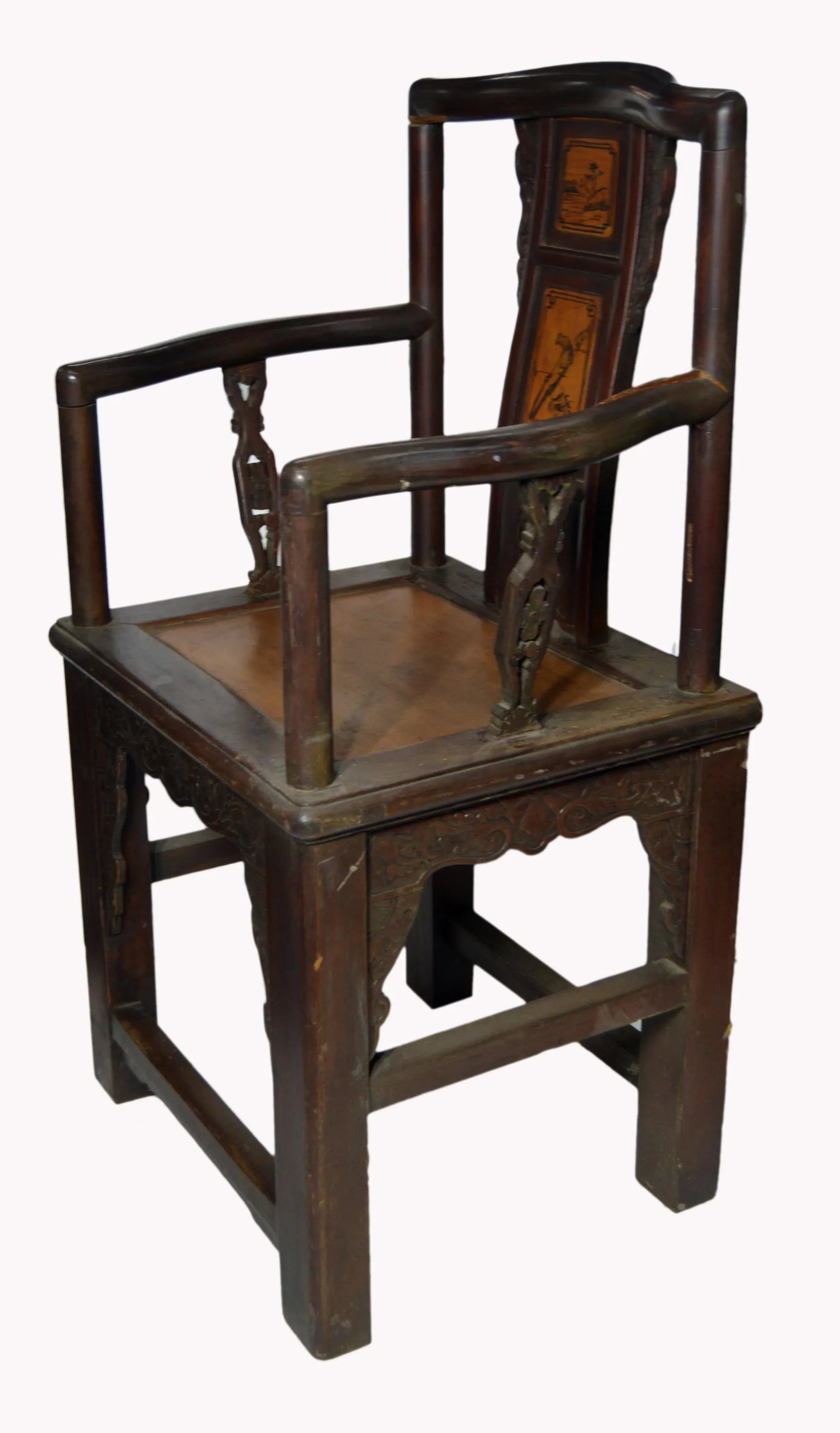 Chinese Hand-Carved Yumu Wood Armchair With Painted Scenes - 4