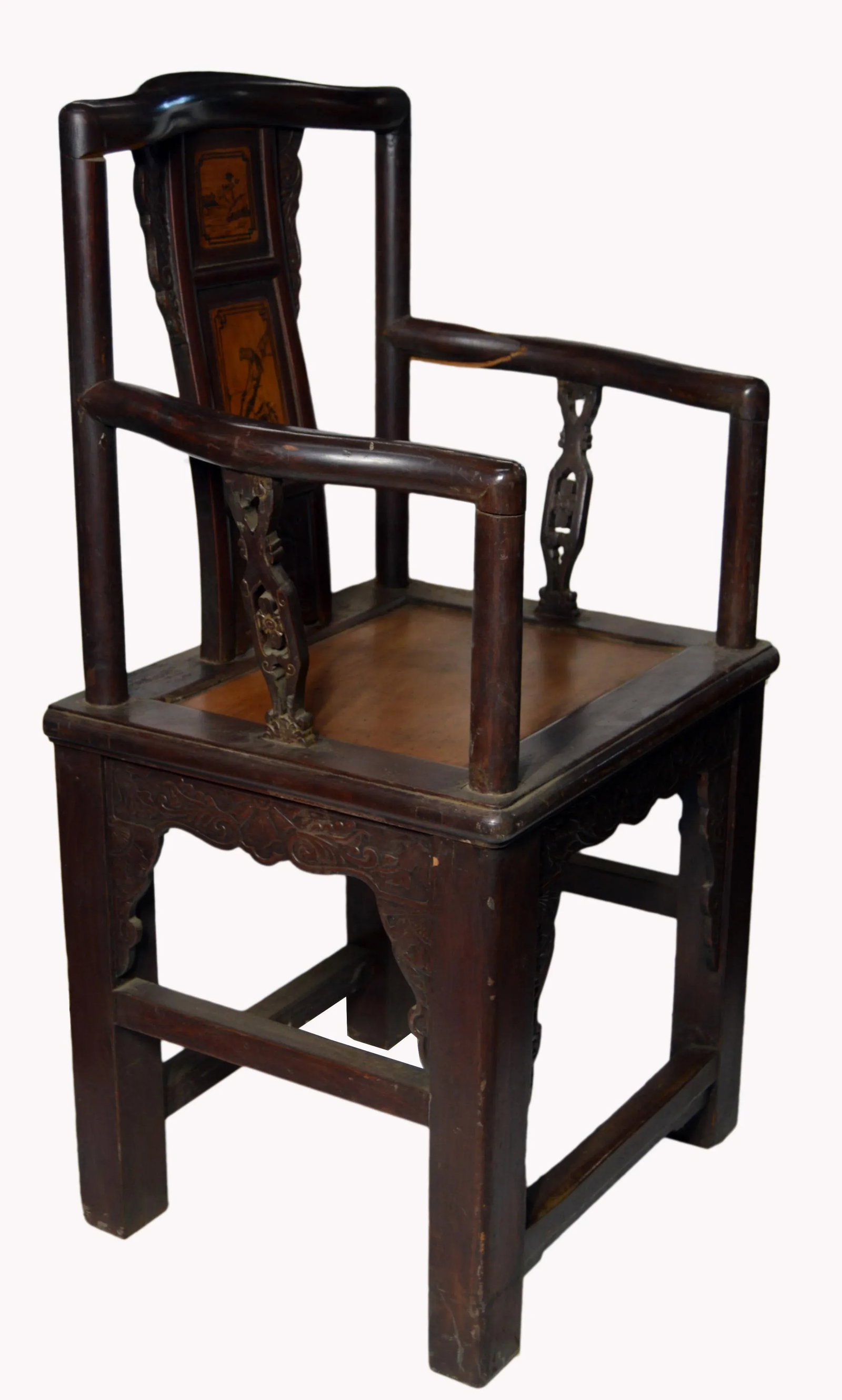 Chinese Hand-Carved Yumu Wood Armchair With Painted Scenes - 6