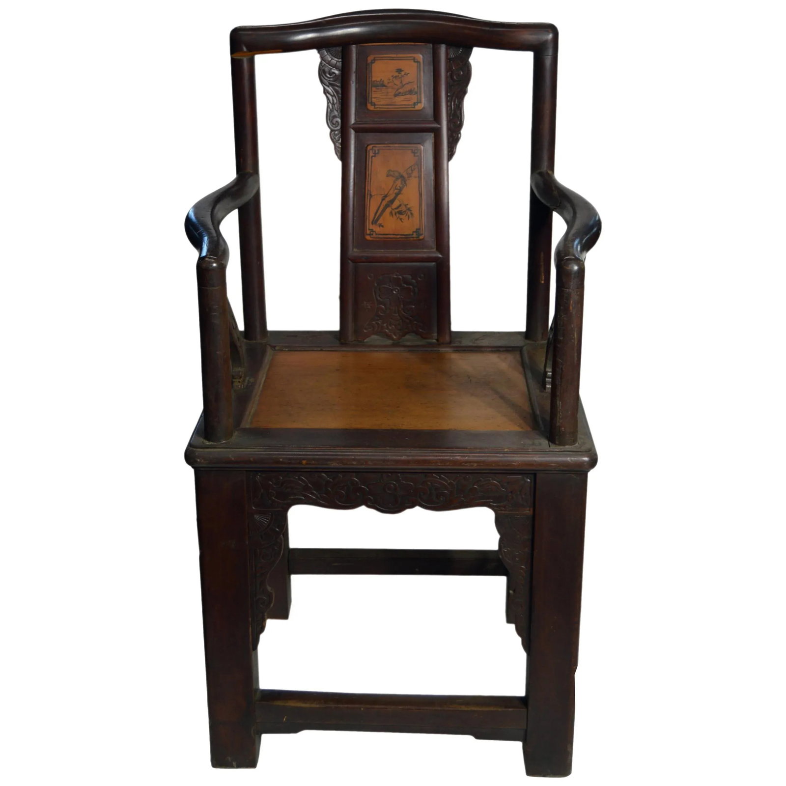 Chinese Hand-Carved Yumu Wood Armchair With Painted Scenes - 8