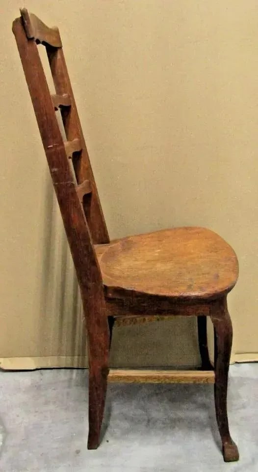 1920s Antique Oak Three Slat Ladder Back Tear Drop Seat Side Chair - 2