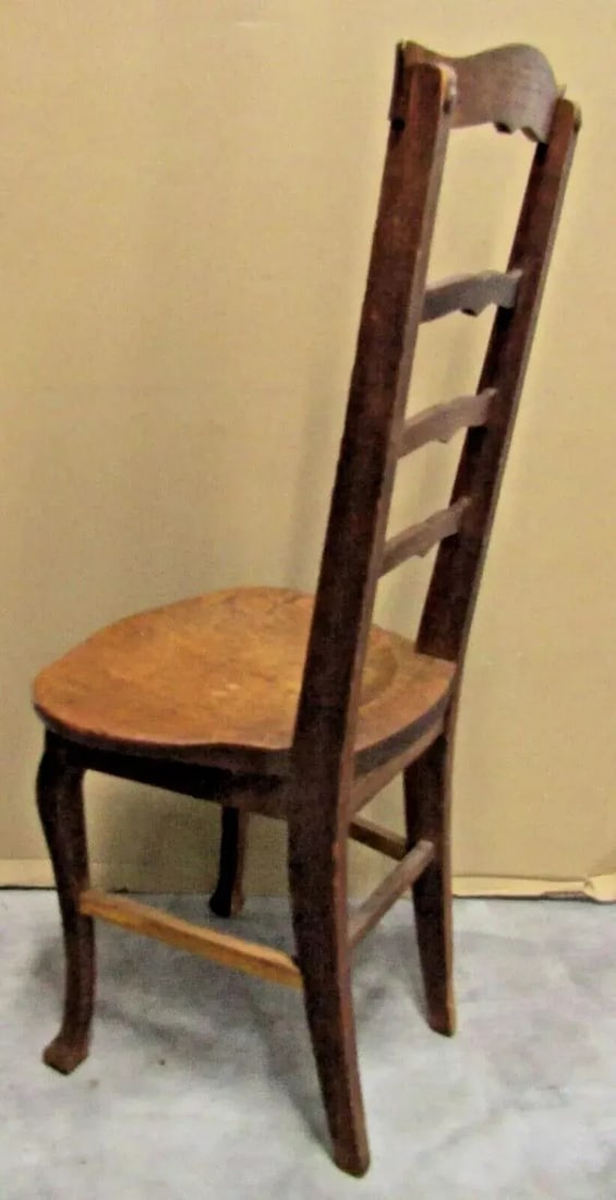 1920s Antique Oak Three Slat Ladder Back Tear Drop Seat Side Chair - 3