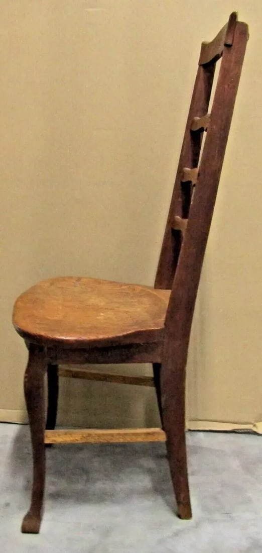 1920s Antique Oak Three Slat Ladder Back Tear Drop Seat Side Chair - 5