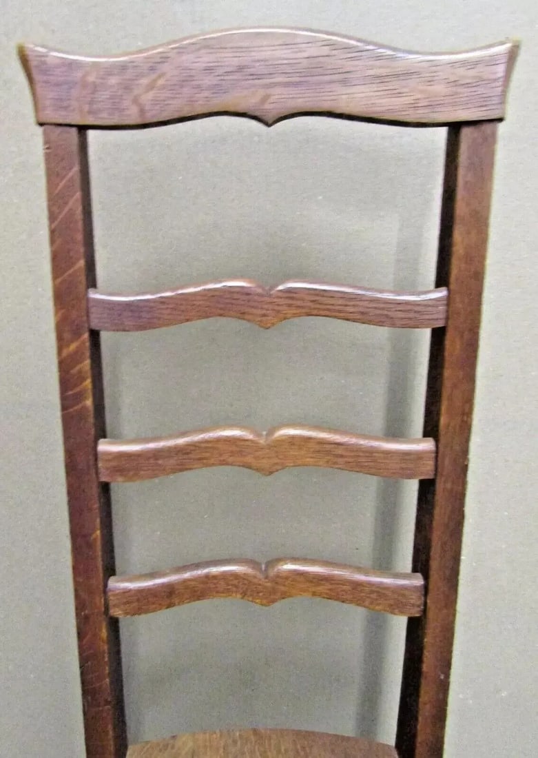 1920s Antique Oak Three Slat Ladder Back Tear Drop Seat Side Chair - 8