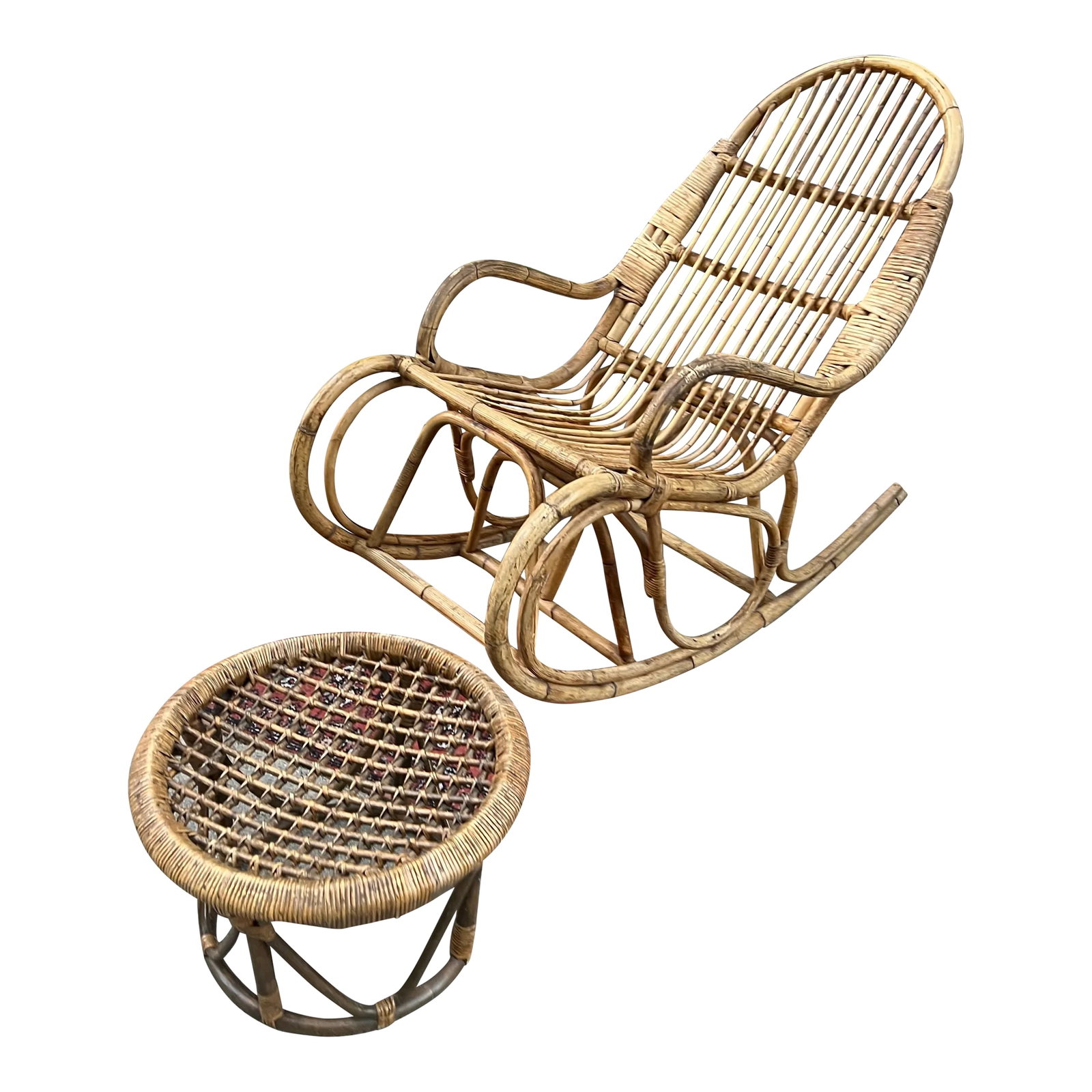 1970s Franco Albini Style Rocking Chair and Matching Stool: Up for consideration is a beautiful bamboo rocking chair and matching ottoman. This would look lovely in your home and it is a great find for the interior design enthusiast. Please check out my other 
