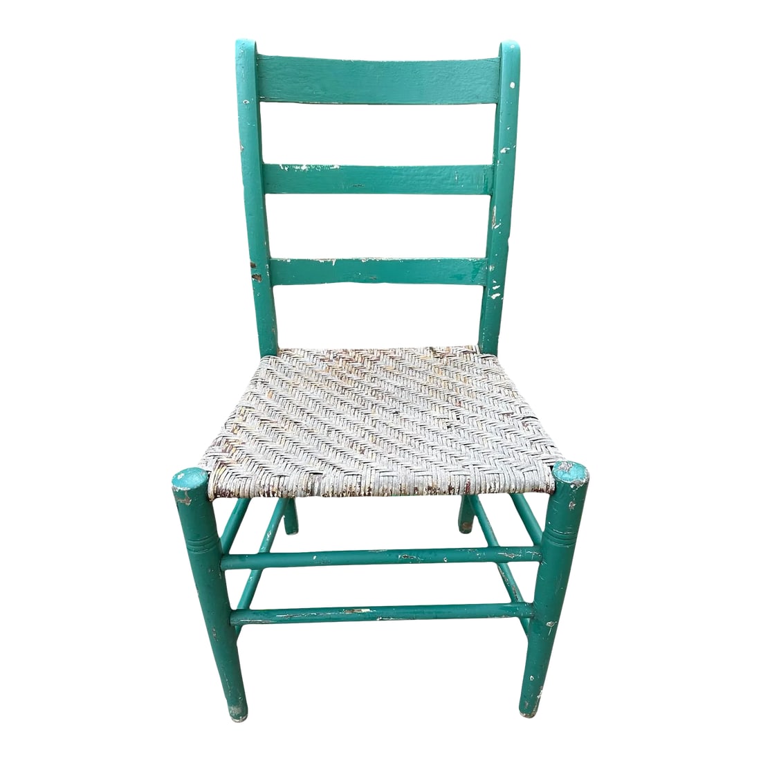Antique Green Painted Rattan Chair Distressed Rustic Shabby Chic: Charmingly authentic- naturally aged with rustic appeal and character showing chippy teal green paint and natural-aged to gray rattan seat with slight remnants of burgundy and white. 33.5" tall x