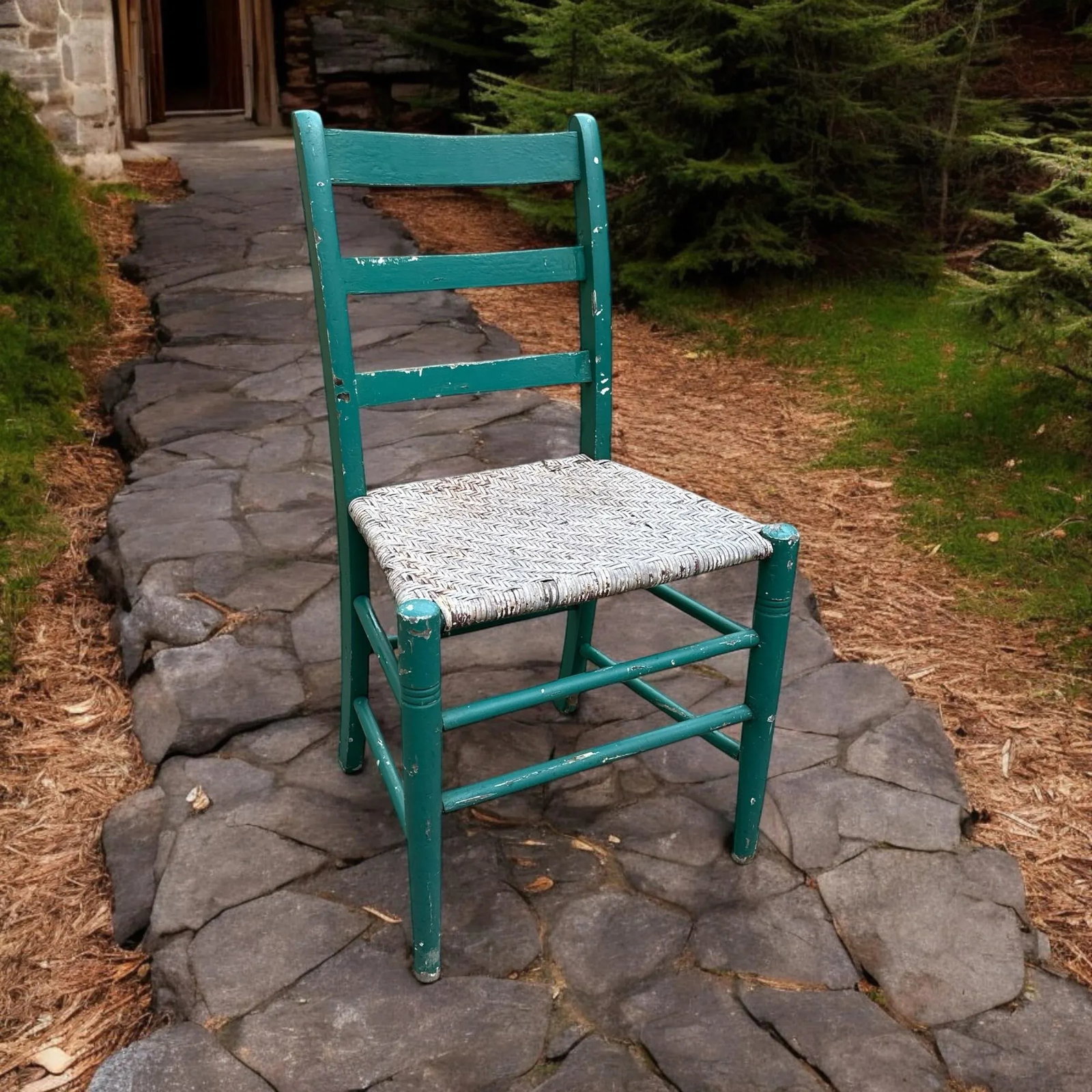 Antique Green Painted Rattan Chair Distressed Rustic Shabby Chic - 2