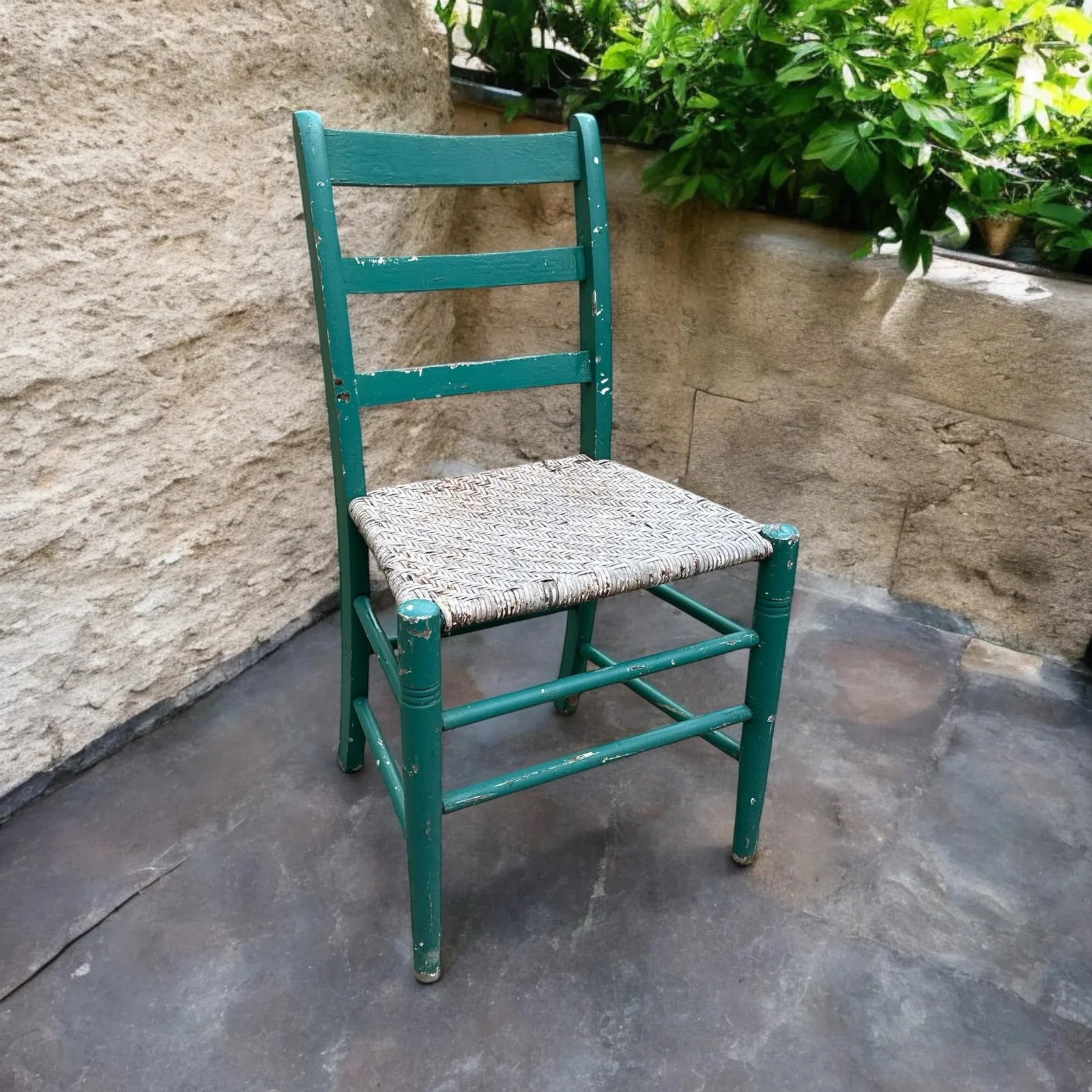 Antique Green Painted Rattan Chair Distressed Rustic Shabby Chic - 4