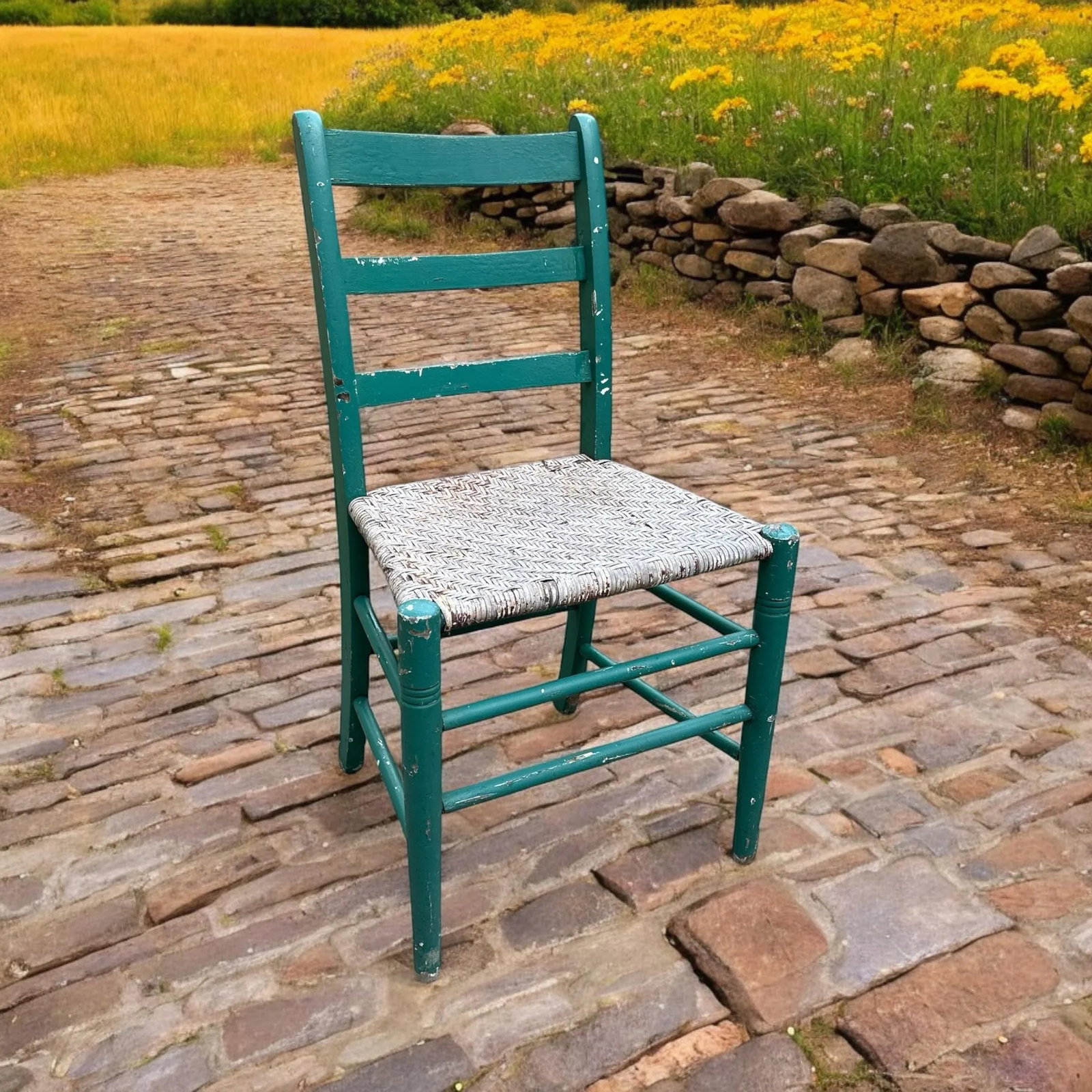 Antique Green Painted Rattan Chair Distressed Rustic Shabby Chic - 6