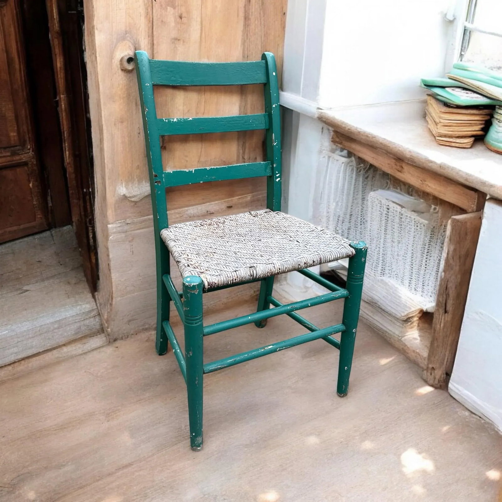 Antique Green Painted Rattan Chair Distressed Rustic Shabby Chic - 8