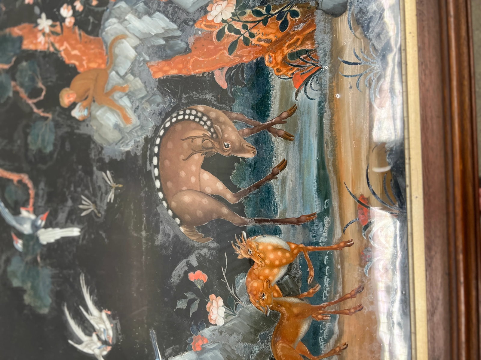 Early Chinese Export Reverse Glass Painting Depicting Deer, Monkeys & Wildlife Qing Dynasty - 2