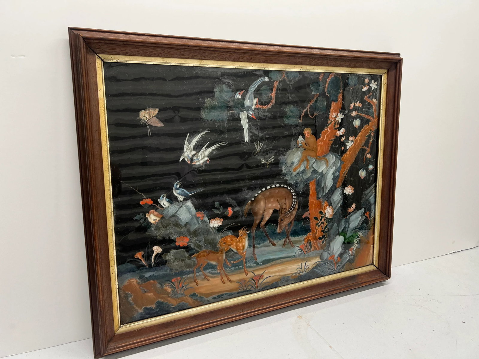 Early Chinese Export Reverse Glass Painting Depicting Deer, Monkeys & Wildlife Qing Dynasty - 3