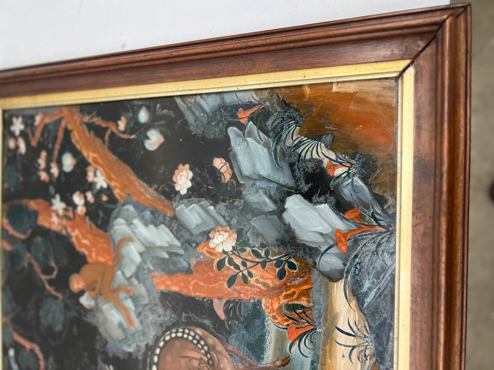 Early Chinese Export Reverse Glass Painting Depicting Deer, Monkeys & Wildlife Qing Dynasty - 5