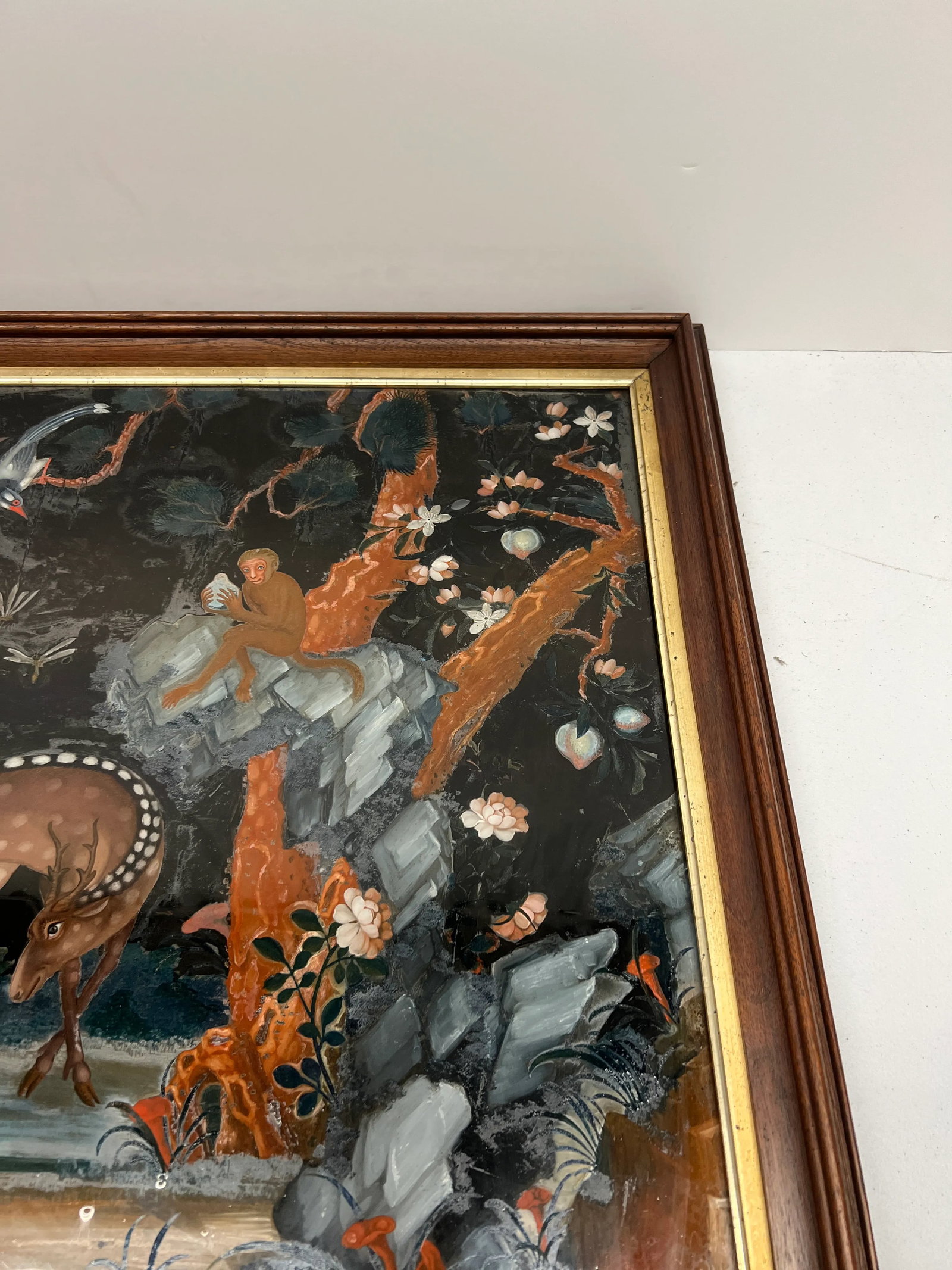 Early Chinese Export Reverse Glass Painting Depicting Deer, Monkeys & Wildlife Qing Dynasty - 7