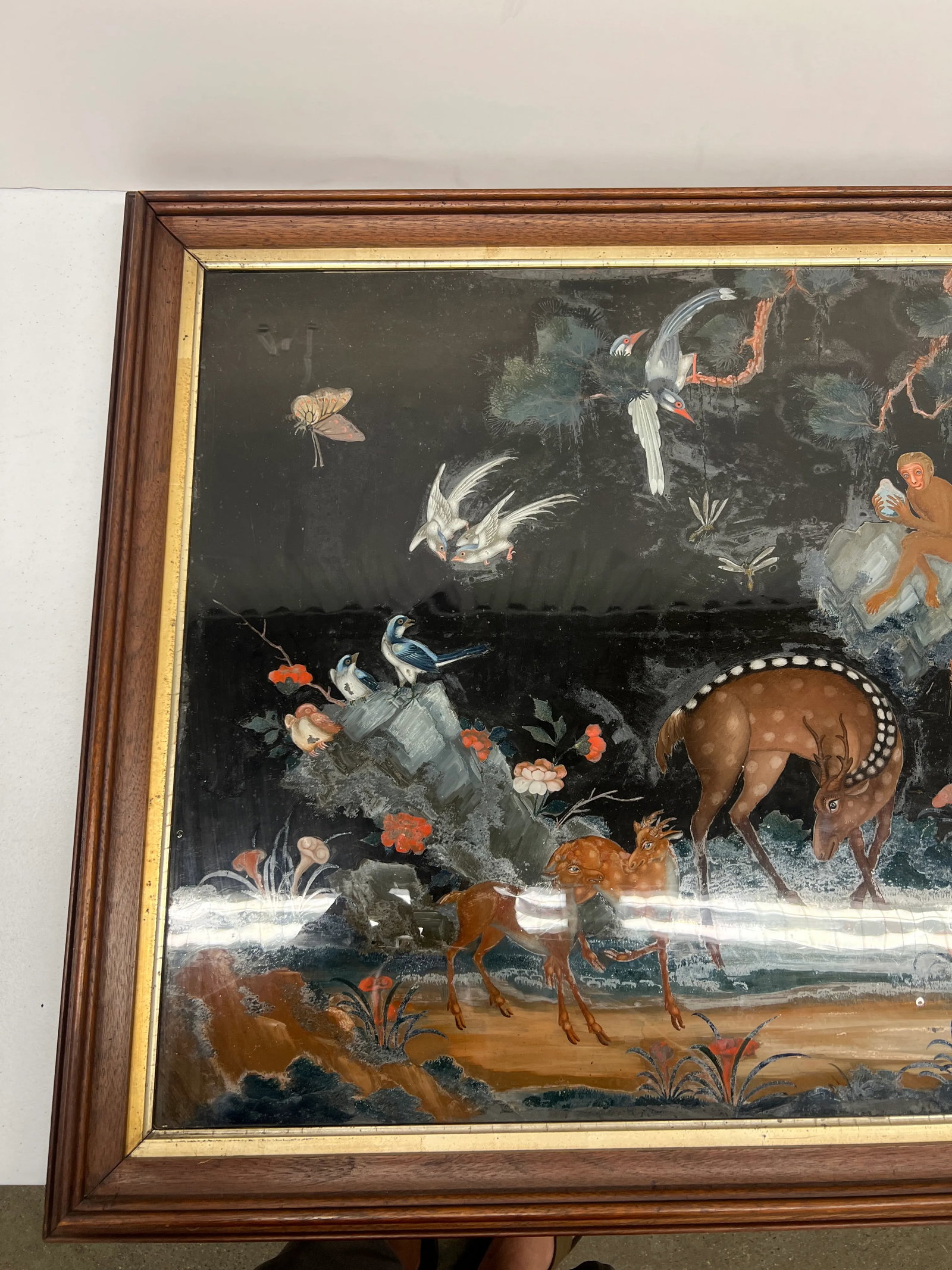 Early Chinese Export Reverse Glass Painting Depicting Deer, Monkeys & Wildlife Qing Dynasty - 8