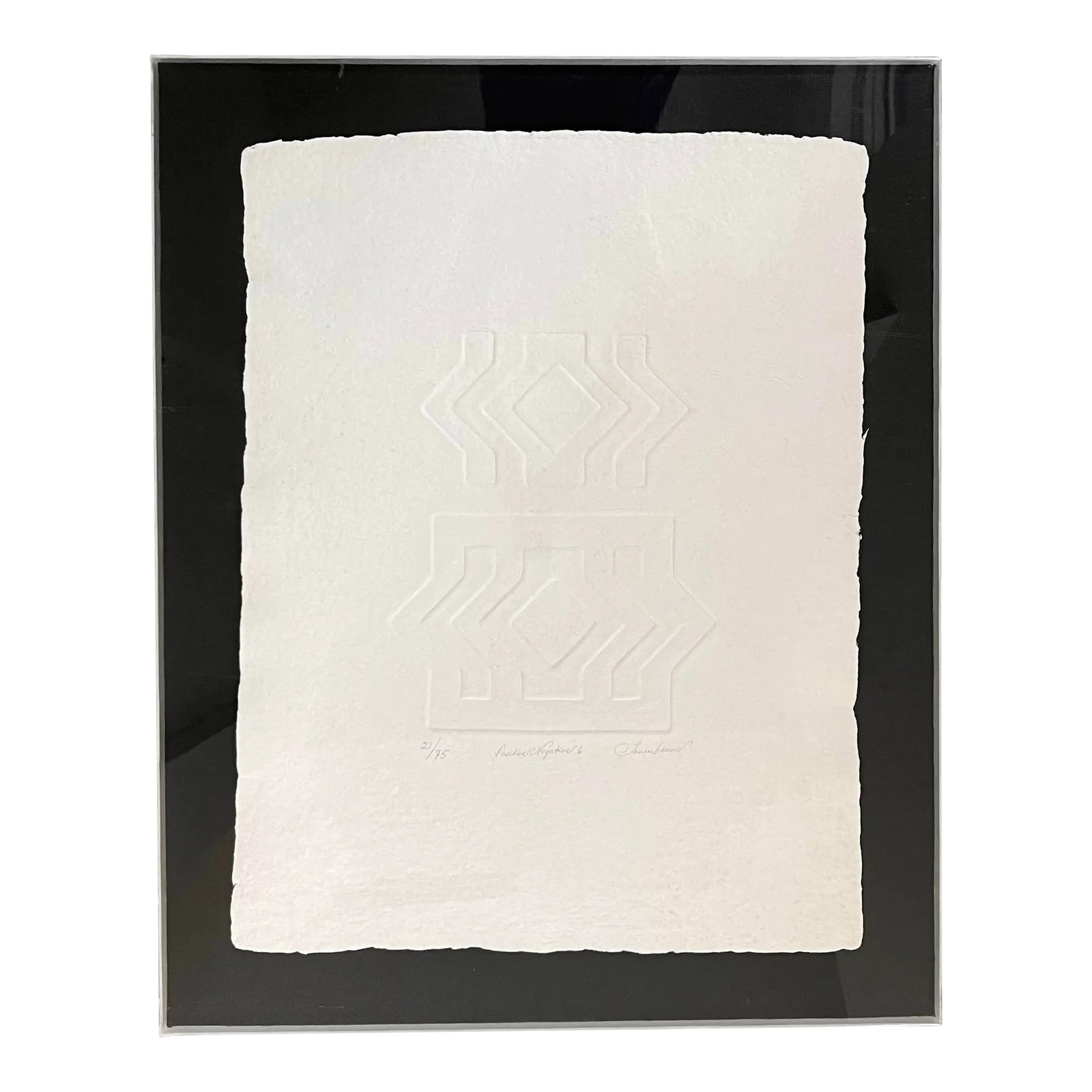 Vintage Signed and Numbered "Positive Negative 6" Etching Artwork: Vintage large cast paper wall art mounted on black linen and encased in a plastic shadowbox. Pencil signed by the artist "Tanenbaum" and titled "Positive Negative 6" "21/75". 2 complimentary pieces