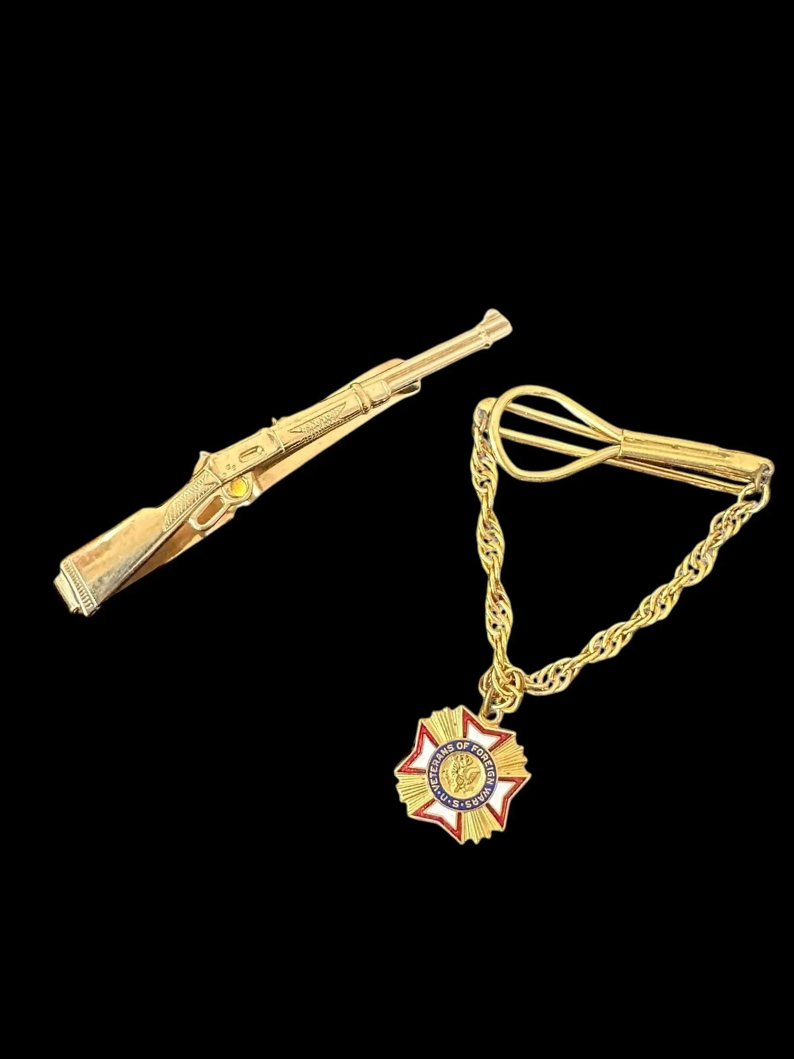 Mid 20th Century Vintage U.S. Veterans of Foreign Wars Tie Clip Clasp Hanging Tie Bar - Set of 2 - 7