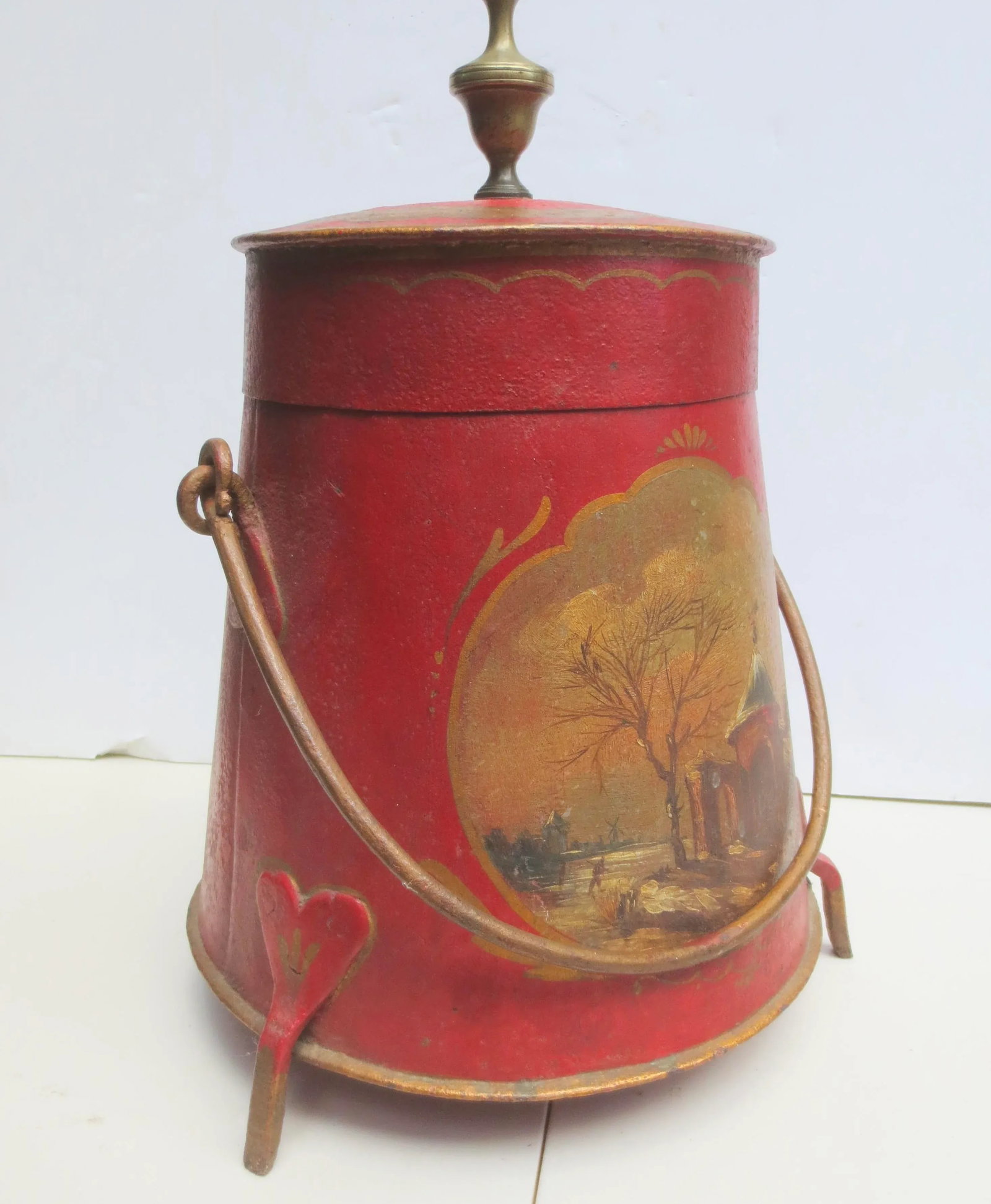 Antique Iron Fireplace Bucket With Painted Scene - 2