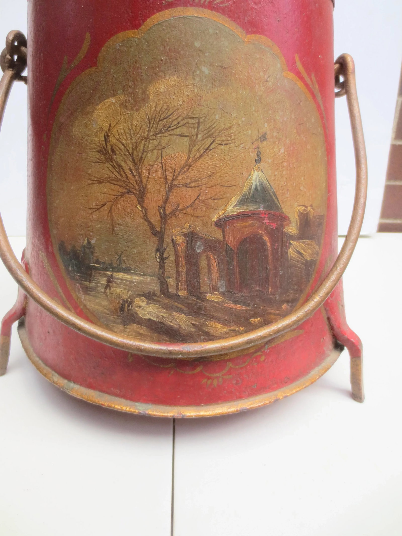 Antique Iron Fireplace Bucket With Painted Scene - 3