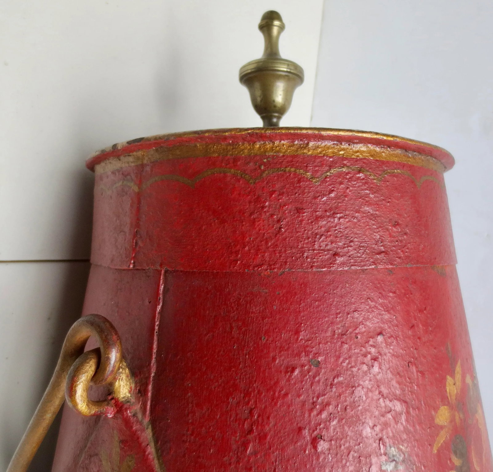 Antique Iron Fireplace Bucket With Painted Scene - 9