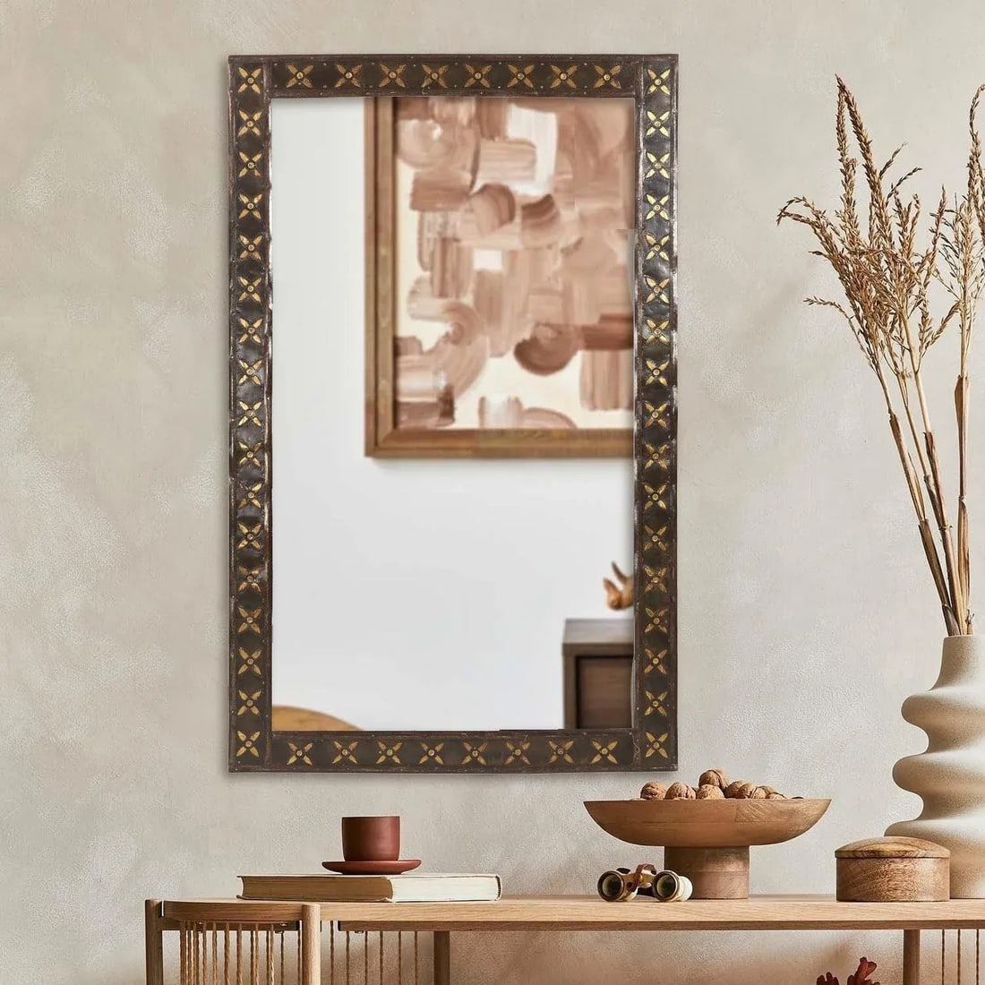 1990s Transitional Style Wooden Mirror With Brass Accents - 2
