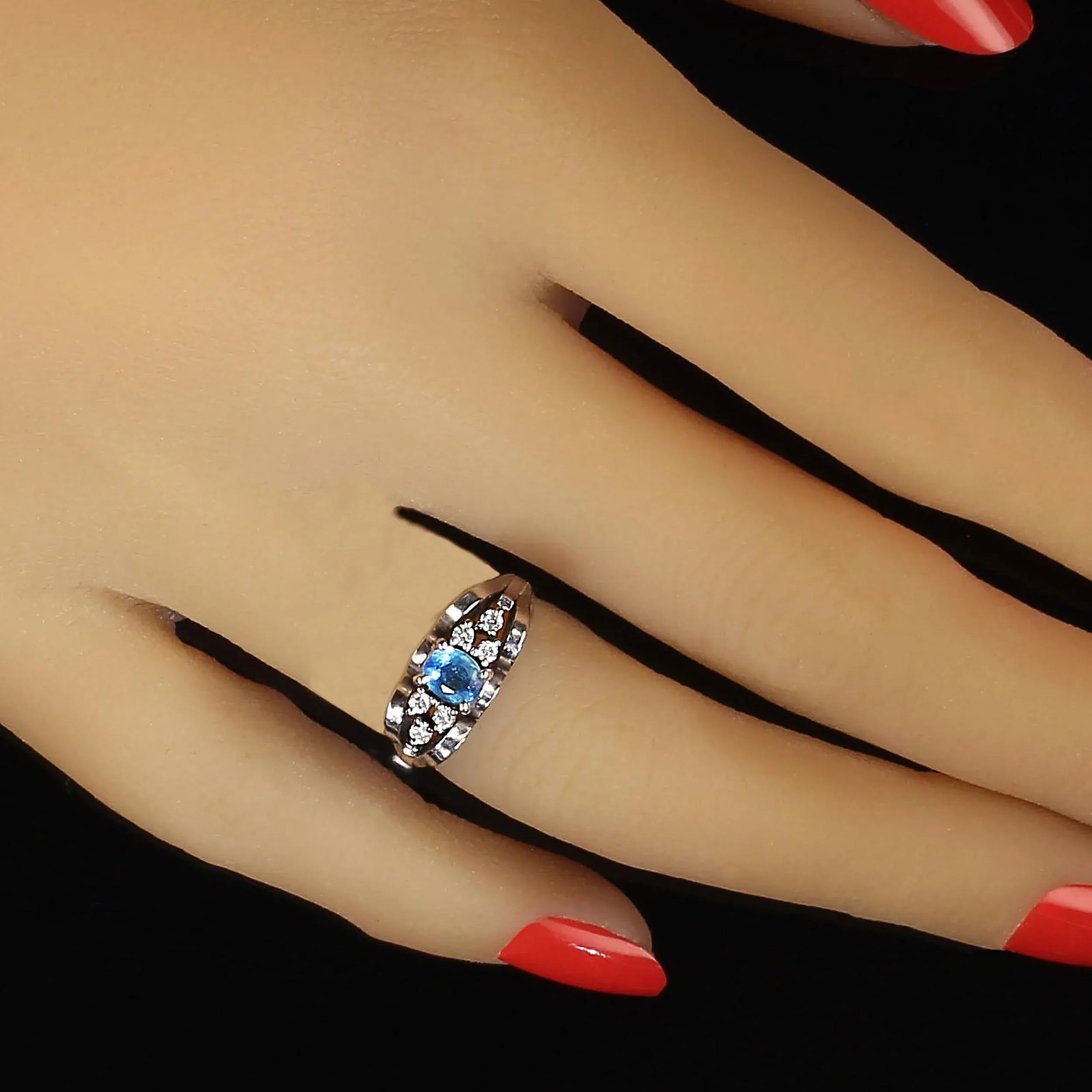 Late 20th Century Brazilian Aquamarine Accented With 6 Diamonds in White Gold Ring Size 3.75 - 2