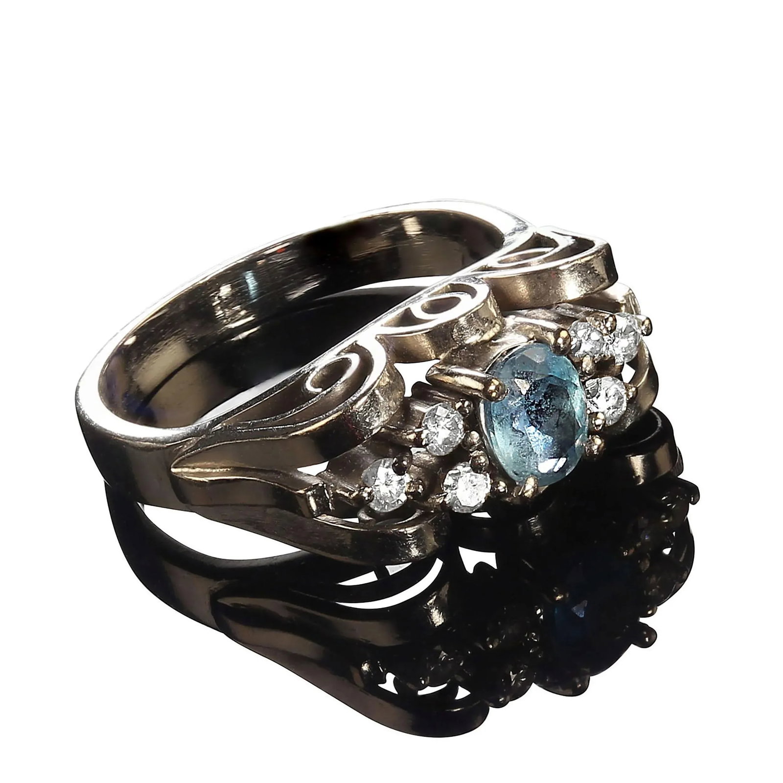 Late 20th Century Brazilian Aquamarine Accented With 6 Diamonds in White Gold Ring Size 3.75 - 4