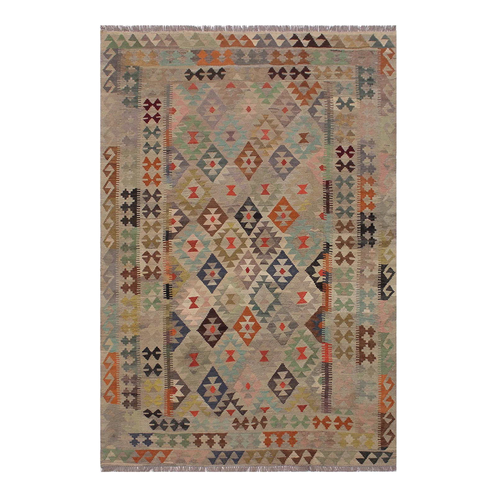 Abstract Kilim Tan Gray Wool Rug - 5'9" X 8'1": Add a touch of elegance to your home with this casual chic hand woven Tribal Kilim wool rug. Constructed on a loom by Nomad Turkman people with hand-spun wool and 100% Natural Vegetable dyes these