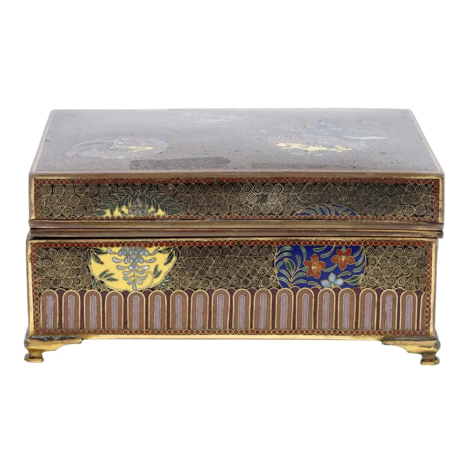 Late 19th Century Antique Japanese Cloisonne Enamel Meiji Box Dragon, Foo Dog, Phoenix Bird, Butterf - 4