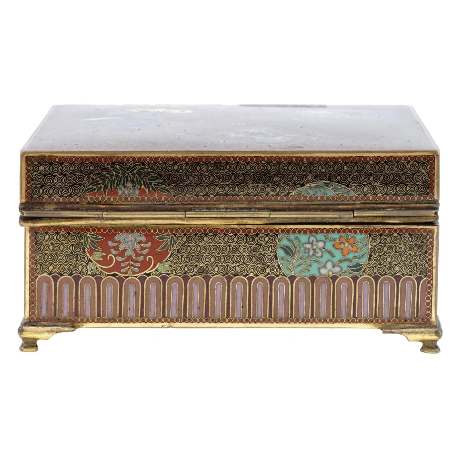 Late 19th Century Antique Japanese Cloisonne Enamel Meiji Box Dragon, Foo Dog, Phoenix Bird, Butterf - 5
