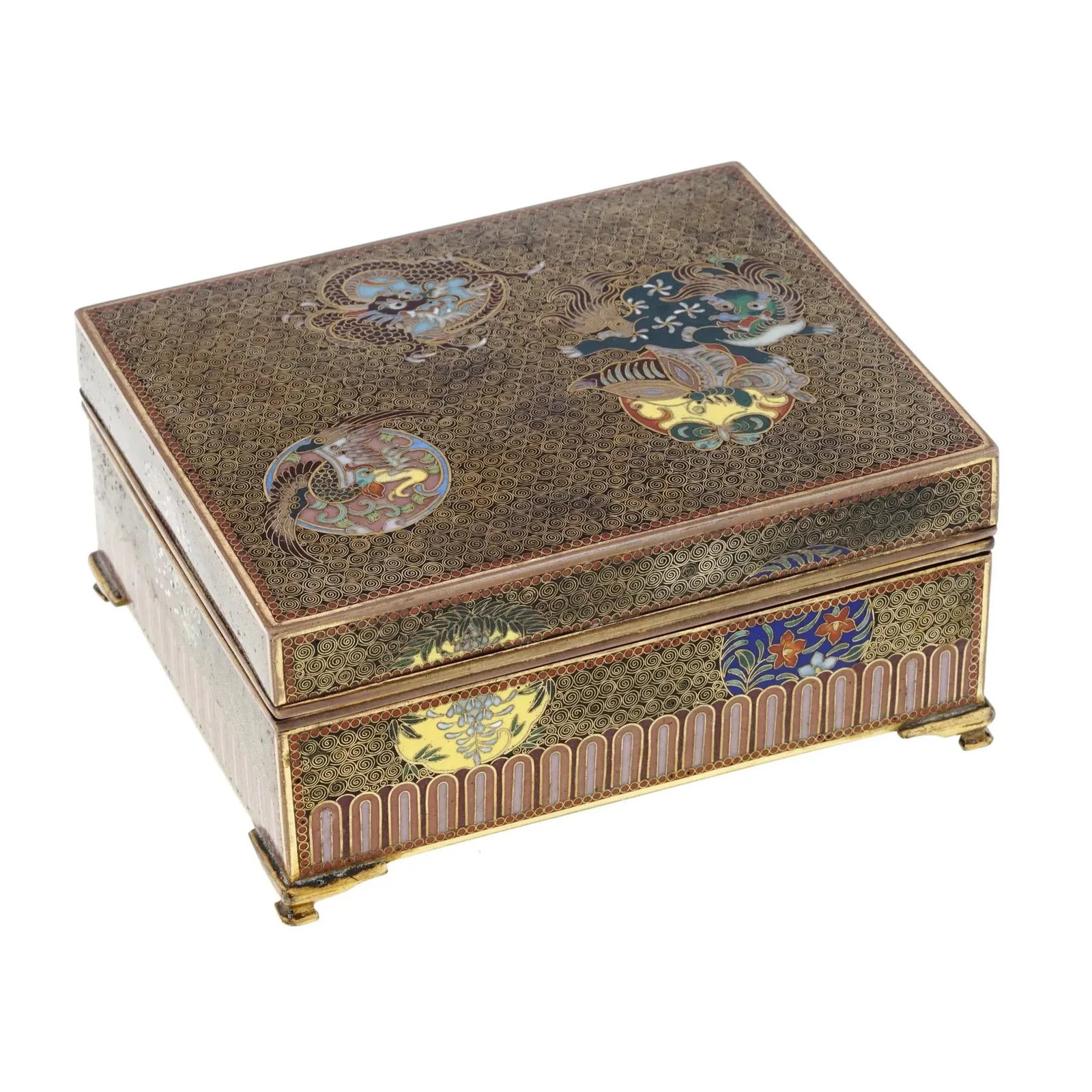 Late 19th Century Antique Japanese Cloisonne Enamel Meiji Box Dragon, Foo Dog, Phoenix Bird, Butterf - 6