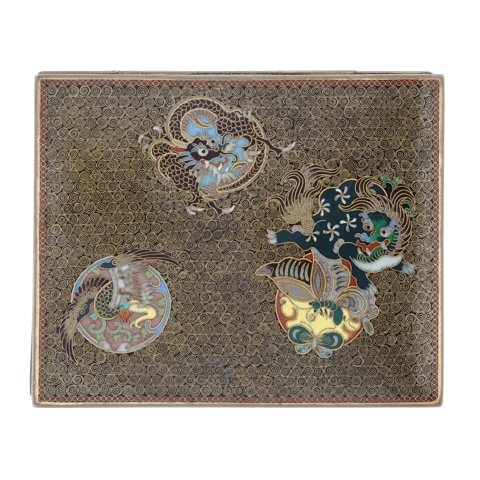 Late 19th Century Antique Japanese Cloisonne Enamel Meiji Box Dragon, Foo Dog, Phoenix Bird, Butterf - 8
