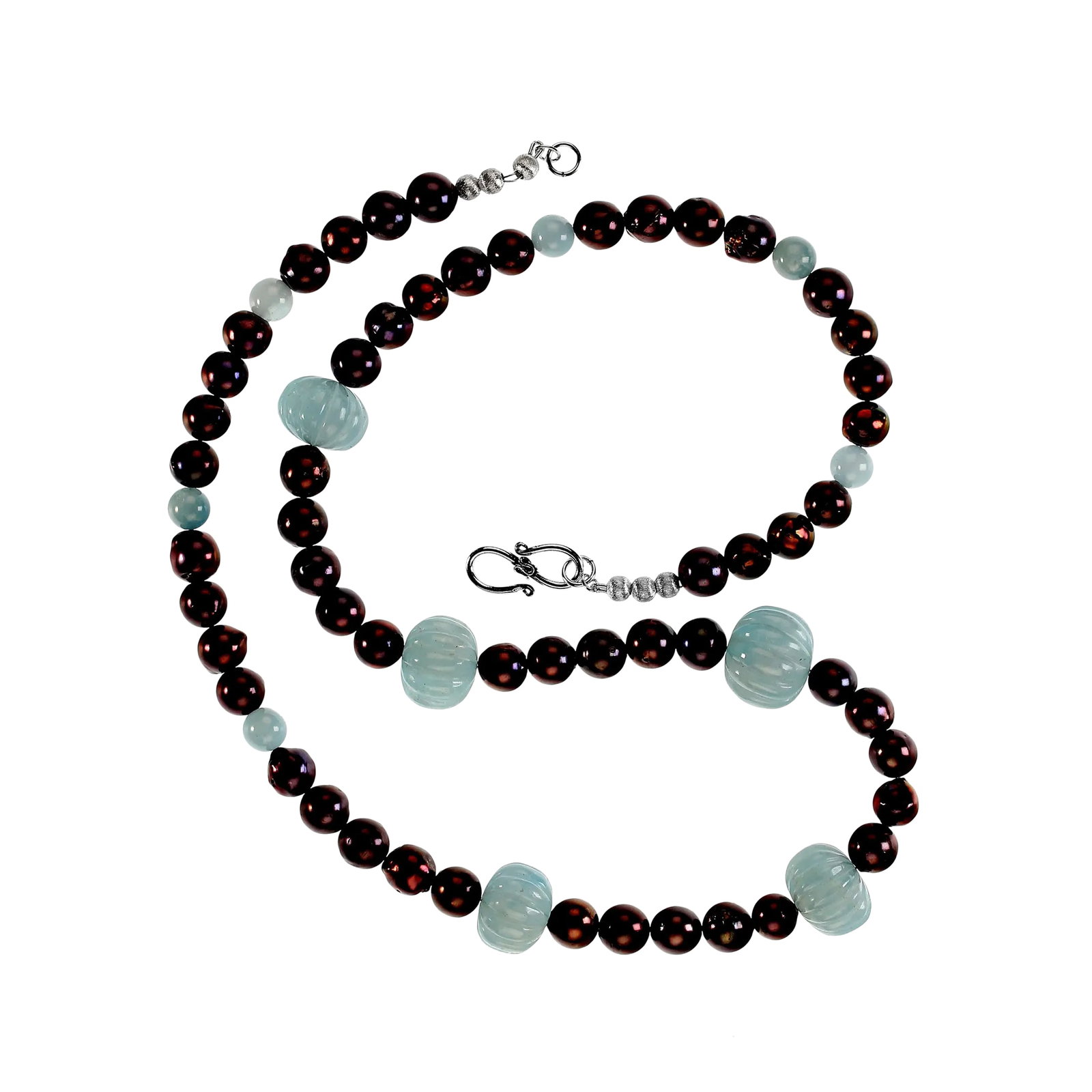 Fluted Aquamarines and Brown Pearls Statement Necklace - 2