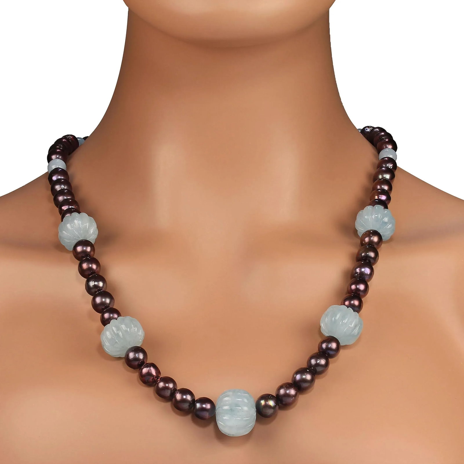 Fluted Aquamarines and Brown Pearls Statement Necklace - 3